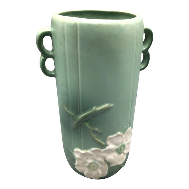 1940s Weller Pottery 10 1/2” Wild Rose Double Loop Handled Vase For Sale
