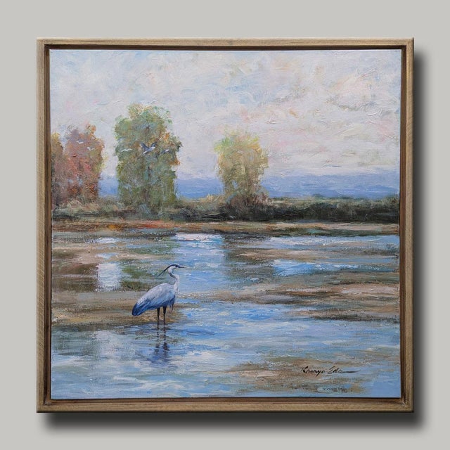 Contemporary Big Landscape Art With a Great Blue Heron For Sale - Image 3 of 5