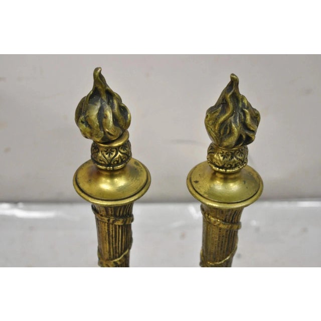 Antique French Empire Style Flame Finial Brass and Cast Iron Andirons - A Pair For Sale - Image 4 of 10