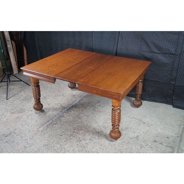 Antique American Arts & Crafts Quartersawn Oak Barley Twist Dining Table Extends For Sale - Image 15 of 18