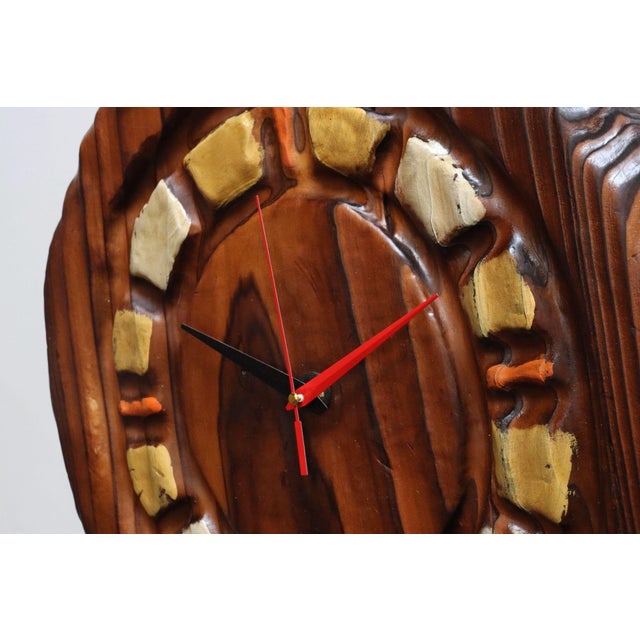 Brown Vintage Witco Tiki Burnt Cedar Hand-Painted Wall Clock With Mount For Sale - Image 8 of 11