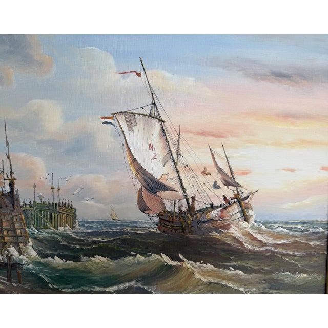 Nautical Original Oil Painting Sailing Boat Harbor Storm Seascape Nautical Art Framed For Sale - Image 3 of 9