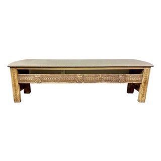 Monumental Spanish Carved Wood Bench With Linen Upholstery For Sale