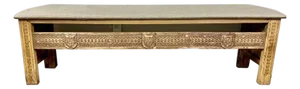 Monumental Spanish Carved Wood Bench With Linen Upholstery