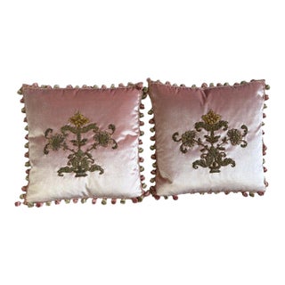 Pair of French Couture Blush Silk Velvet Pillows With 19th Century Appliques' For Sale