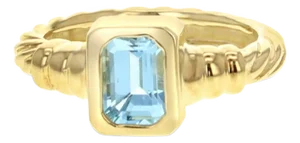 Solitaire Emerald Cut Blue Topaz Ring with Rope Band, Size 5.25