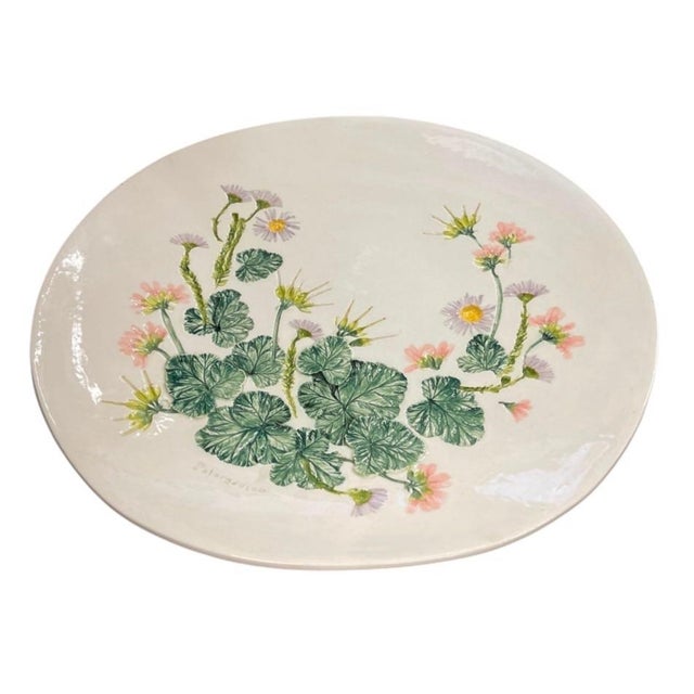Vintage Hand-Painted Relief Ceramic Botanical Platter – Pelargonium Floral Motif For Sale - Image 4 of 12