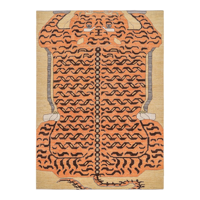 Rug & Kilim’s Contemporary Tiger Rug in Gold With Brown and Orange Pictorial For Sale