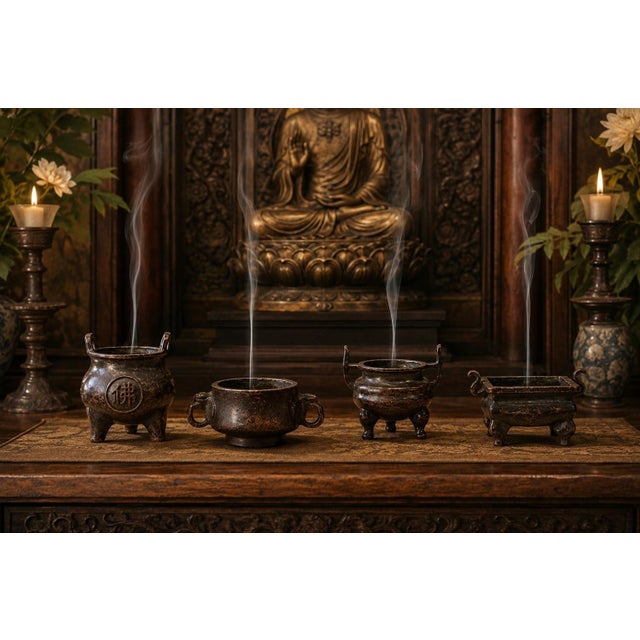 A charming set of four miniature bronze censers, finely cast with substantial, heavy weight and a rich dark patina with...