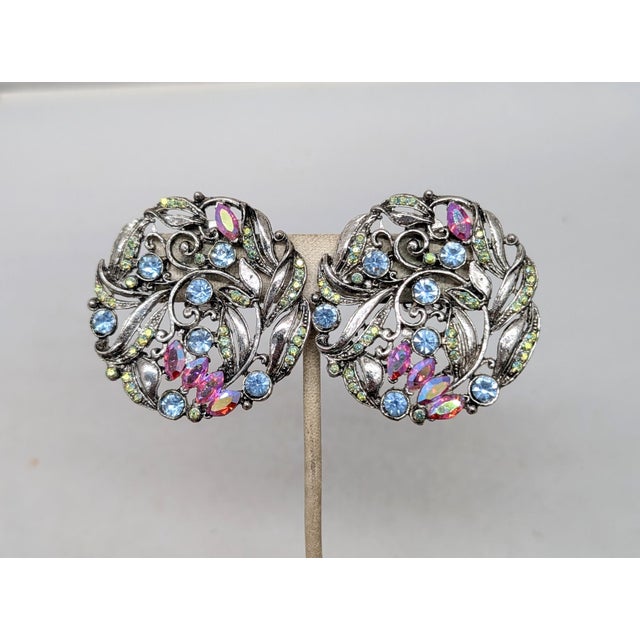 1980s large round openwork silvertone round pastel blue rhinestones with small round lime green rhinestones and pink...