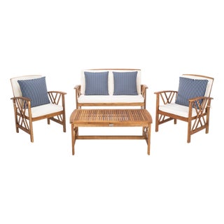 Fontana 4-Piece Outdoor Set, Natural/Beige Cushion With Navy Thick Stripe Pillows For Sale