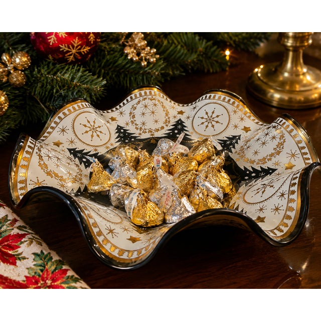 Celebrate the season with this charming vintage scalloped glass serving bowl featuring beautifully detailed gold Christmas...