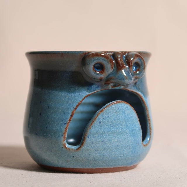 Early 21st Century Handmade in Pennsylvania MudWorks Pottery Blue Stoneware Candle Holder With Sad Face For Sale - Image 5 of 11