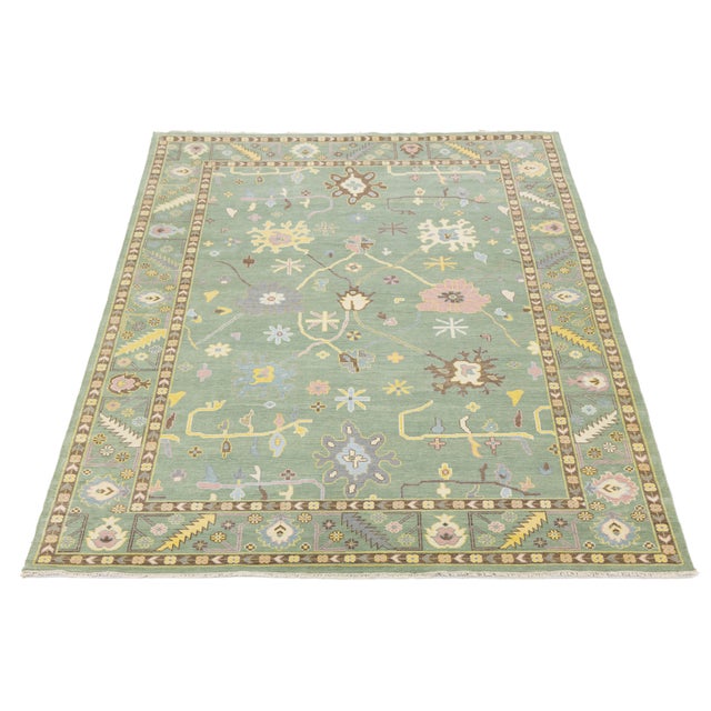 Modern Sage Green Oushak Style Wool Area Rug With Pastel Geometric Floral Accent For Sale - Image 4 of 12