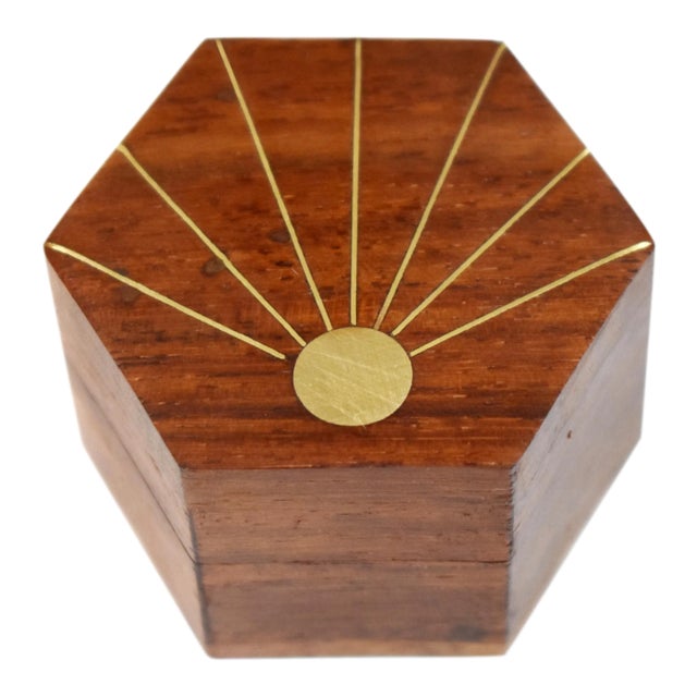 Mid 20th Century Vintage Hand Made Inlaid Brass Wooden Hexagon Box For Sale