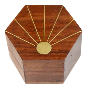 Mid 20th Century Vintage Hand Made Inlaid Brass Wooden Hexagon Box