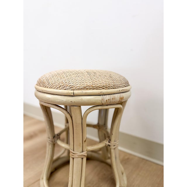 Vintage Lightwash Rattan Stool Woven Wicker Seat Coastal Hollywood Regency For Sale In Tampa - Image 6 of 7