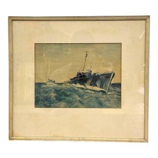 Original Wwii Us Navy Pc-571 Submarine Chaser Gouache Painting – Vintage Framed Maritime Military Art. For Sale