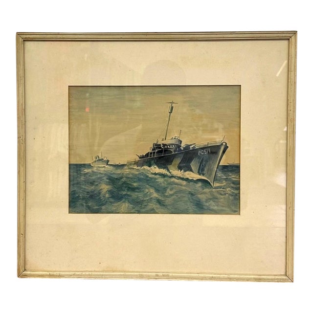 Original Wwii Us Navy Pc-571 Submarine Chaser Gouache Painting – Vintage Framed Maritime Military Art. For Sale