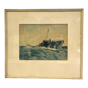 Original Wwii Us Navy Pc-571 Submarine Chaser Gouache Painting – Vintage Framed Maritime Military Art.
