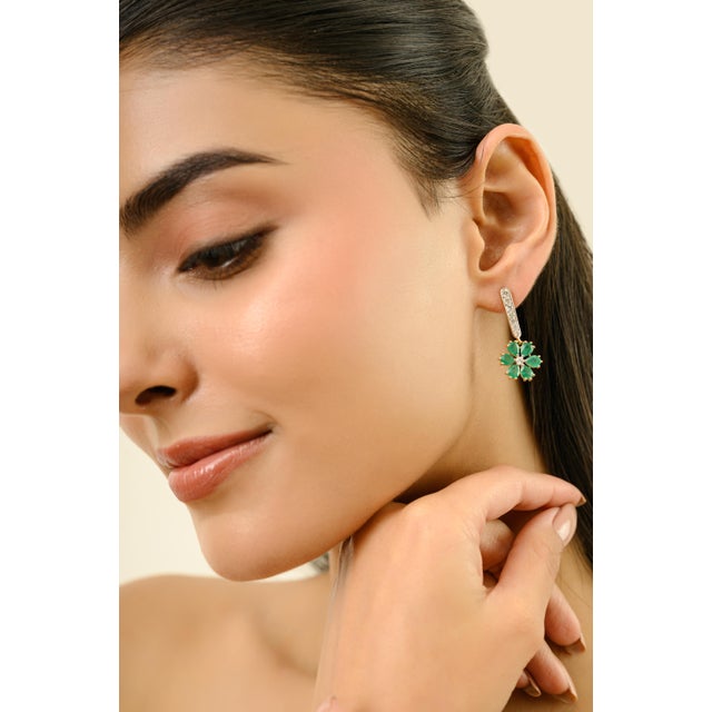 Impressionist 3.02Ct Floral Emerald & Diamond Dangle Earrings in 18k Gold Gift for Her- A Pair For Sale - Image 3 of 12
