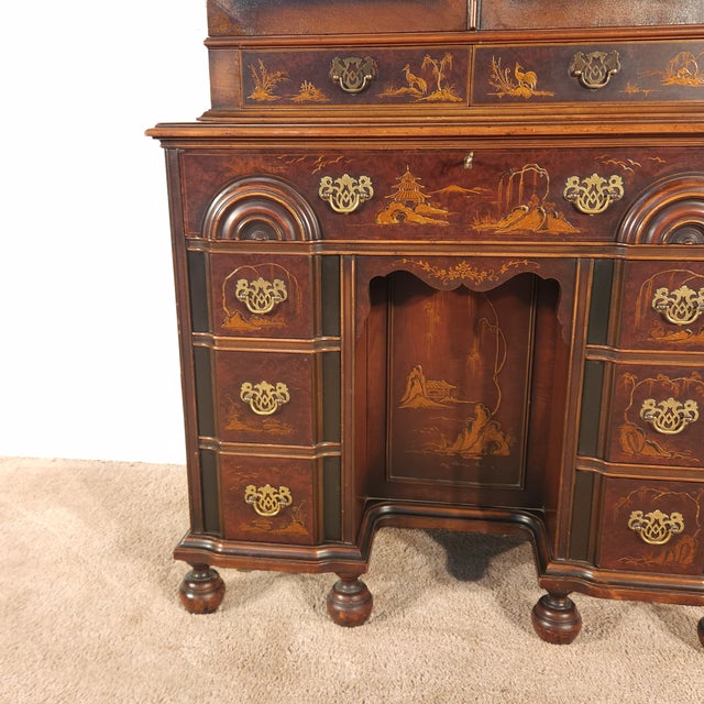 Antique Colby Furniture Chicago Chinoiserie Goddard Style Bureau W/ Bookcase For Sale - Image 15 of 18