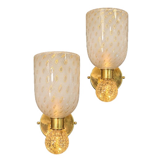 Brass and Glass Murano Wall Sconces, 1990, Set of 2 For Sale