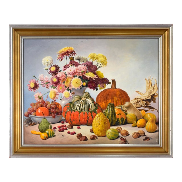 Autumn Gift - Seasonal Harvest Still Life With Flowers by Albin Kern. For Sale