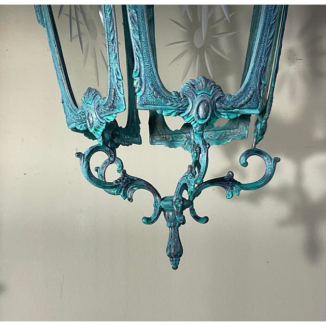 Antique Style Solid Brass Hanging Hallway Lantern W/ Etched Starburst Glass For Sale - Image 13 of 16