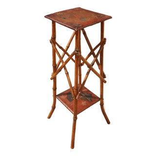 Vintage Chinese Asian Bamboo Side Table Plant Stand Red Chinoiserie Top For Sale