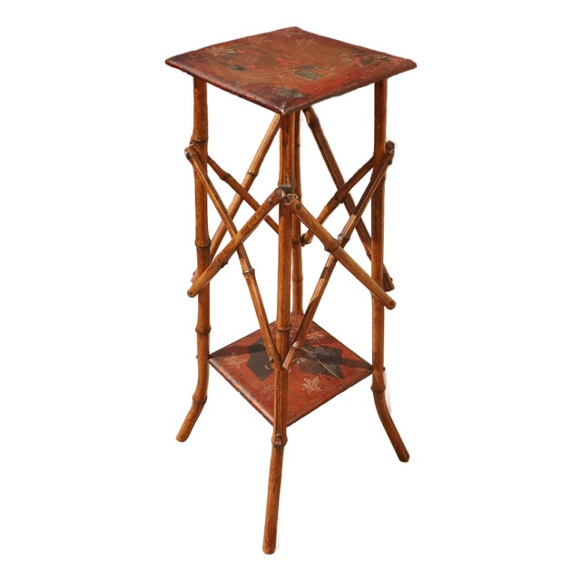 Vintage Chinese Asian Bamboo Side Table Plant Stand Red Chinoiserie Top For Sale