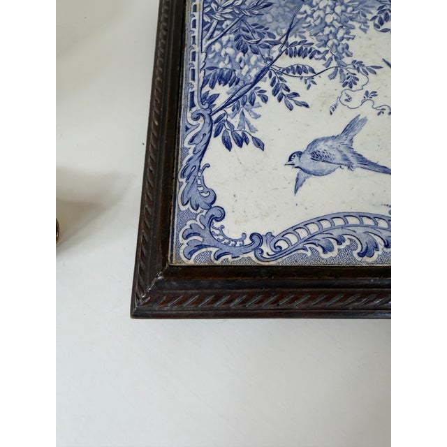 Vintage French Blue & White Faience Tile Trivet in Carved Wood Frame For Sale - Image 10 of 12