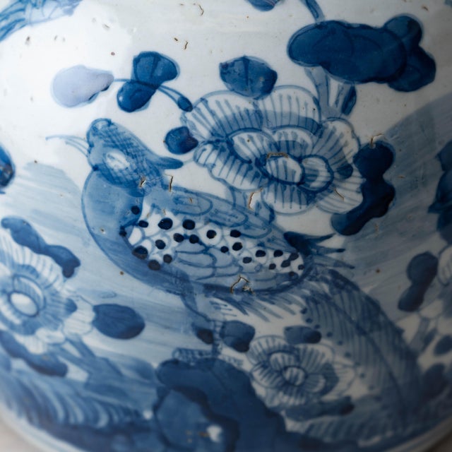 Pair of Chinese Blue and White Porcelain Bird and Peony Jars, 20th Century For Sale - Image 9 of 10