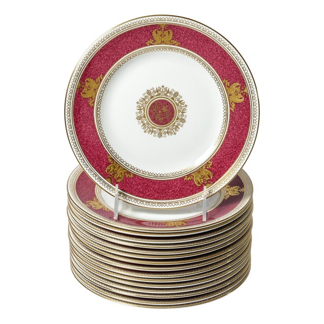 Ruby Red Vintage Wedgwood Ruby Gilt Encrusted Dessert or First Course Plates - Set of 16 For Sale - Image 8 of 8