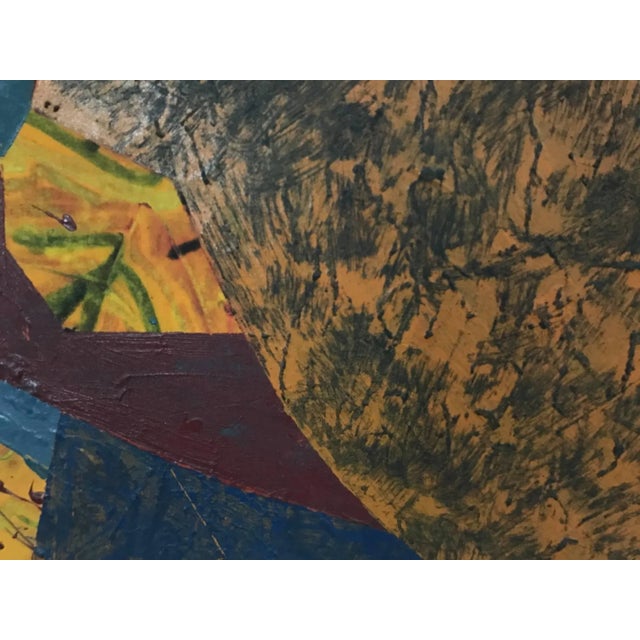 Large square expressionist painting. Blue, Yellow and purple colors form a mass in the top right corner. Background is...