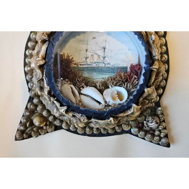 Traditional Edwardian Shellwork Valentine Diorama of a Royal Navy Cruiser, Star-Shaped Frame For Sale - Image 3 of 9