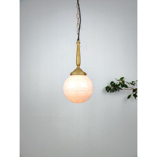Dutch art deco soft pink opaline pendant light, the glass is designed with a subtle patern of lines. Up to 250V (Europe/UK...