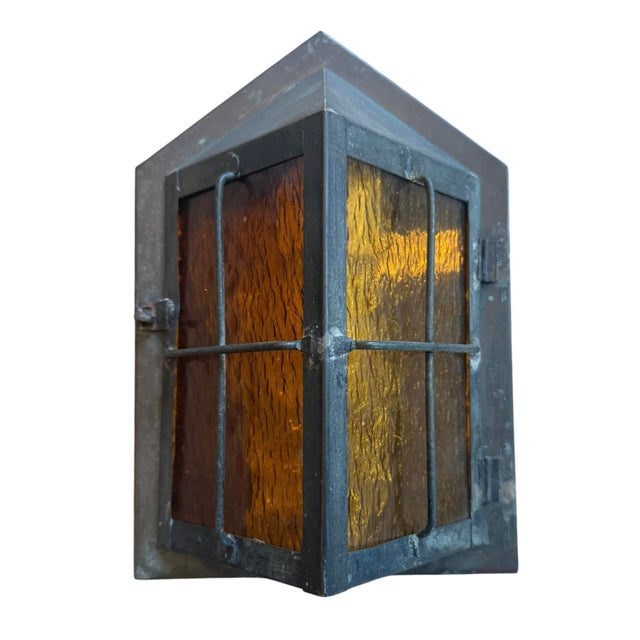 American Antique Copper Porch Lights With Original Verdigris Patina and Amber Glass For Sale - Image 3 of 8