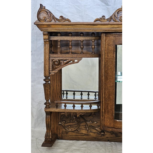 Antique 1890s Tiger Oak Over Mantel With Bowed Glass Cabinet & Beveled Mirrors For Sale In Los Angeles - Image 6 of 17