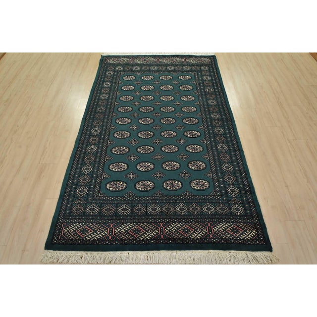 Cabin Bokhara Rug 5’4” X 8’3” Green Wool Tribal Hand-Knotted Oriental Carpet For Sale - Image 3 of 13