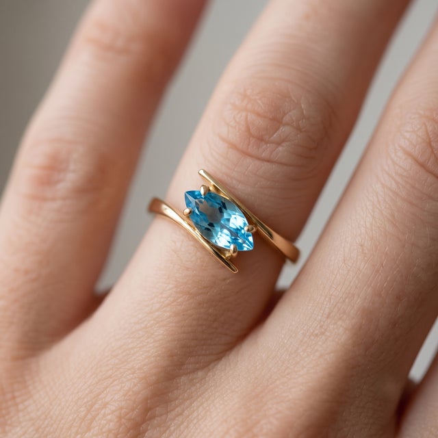 Contemporary Swiss Blue Topaz Elegant Bypass Ring | Dainty Promise Dainty Ring | December Birthstone Ring Us 7 For Sale - Image 3 of 3