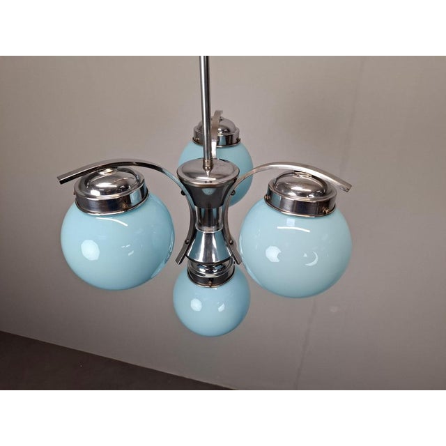 Czech Art Deco Blue Opaline Glass and Chrome 4-Light Chandelier, 1930s For Sale - Image 18 of 18