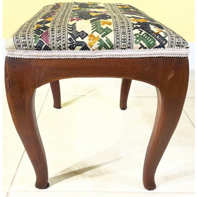 Vintage Boho Footstool – Hand Embroidery Suzani & Solid Wood. For Sale - Image 9 of 17
