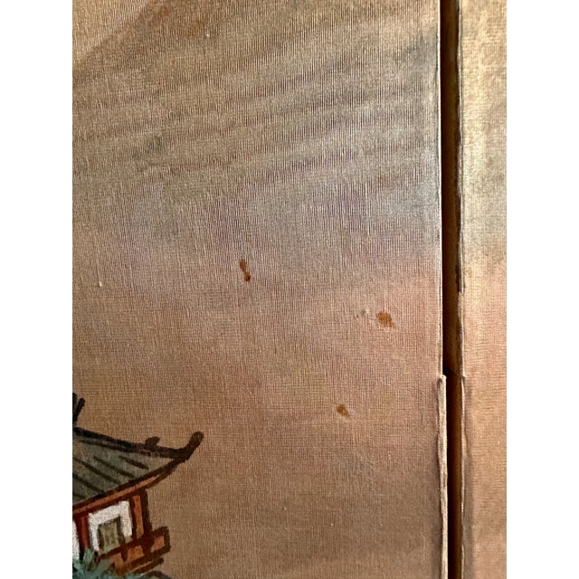 1970s Signed Asian Four-Panel Painted Landscape Folding Screen With Cranes and Pine Trees For Sale - Image 17 of 18