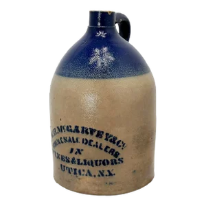 Outstanding & Rare Antique American Blue Decorated Stoneware 3 Gallon Utica N. Y. Wine & Liquor Merchants Jug Circa 1880s