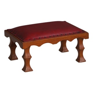 Mid-Century Danish Carved Oak Ottoman with Red Leather Seat, 1950s For Sale
