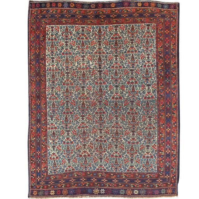 Fine Persian Antique Afshar Rug in Ivory Background & Multi Colors For Sale