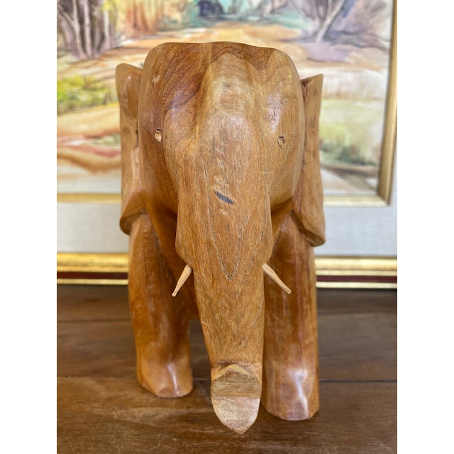Wood Vintage Hand-Carved Wooden Elephant Sculpture Figurine, Wood Decorative Animal Figure For Sale - Image 7 of 11