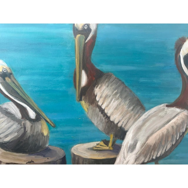 Mid-Century Modern MCM Coastal Pelican Oil Painting For Sale - Image 3 of 6