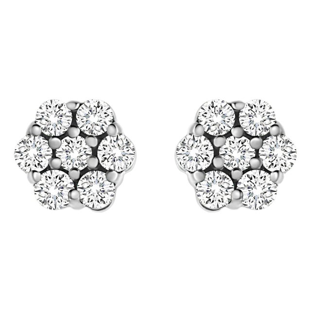 14K White Gold 1/2 Cttw Prong Set Round-Cut Diamond Flower Stud Earring (H-I Color, I1-I2 Clarity) For Sale